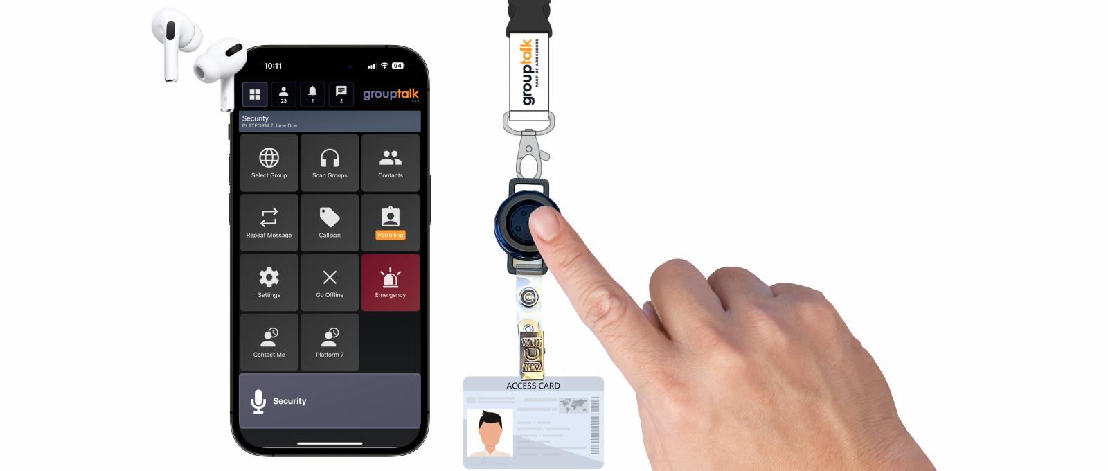 walkie talkie app med push to talk knapp på ditt nyckelband