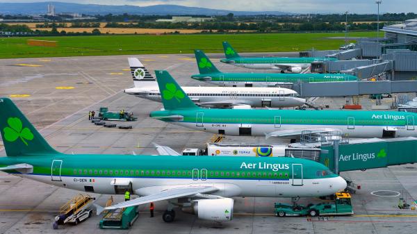 Aer Lingus flygplan som står parkerade vid olika gater på en flygplats.