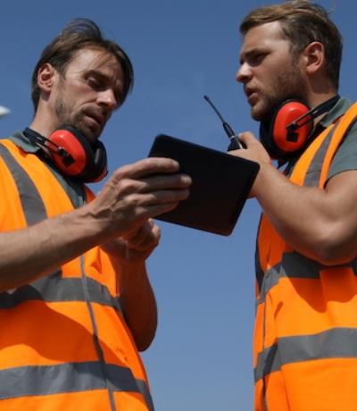 Två flygplats arbetare som talar i en komradio samtidigt som de pratar med varandra