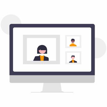 Illustration av en stationär dator med ett pågående videosamtal, som visar flera deltagare på skärmen.