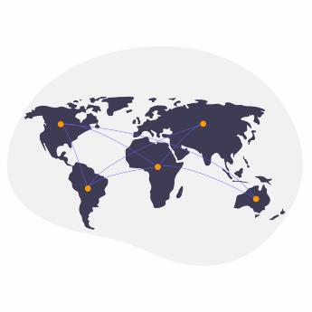 Världskarta, illustration med linjer som kopplar samman kontinenter, som symboliserar globalt samarbete och datautbyte.