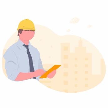Illustration av en hjälmbärande arbetare som använder en iPad för digital projektledning.
