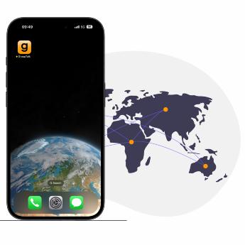 En iPhone med GroupTalk-appen på startskärmen bredvid en världskarta