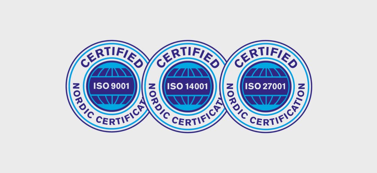 Tre ISO-certifieringsikoner ISO 9001, ISO 14001 och ISO 27001.