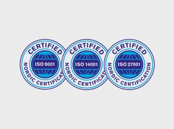 Tre ISO-certifieringsikoner ISO 9001, ISO 14001 och ISO 27001.