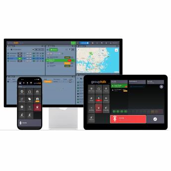 GroupTalk-installation som visar en iPhone, iPad och PC sida vid sida, vilket illustrerar anslutning över flera enheter.