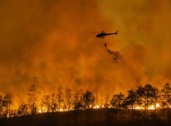 Helikopter med räddningsarbetare medan en skog brinner i bakgrunden.