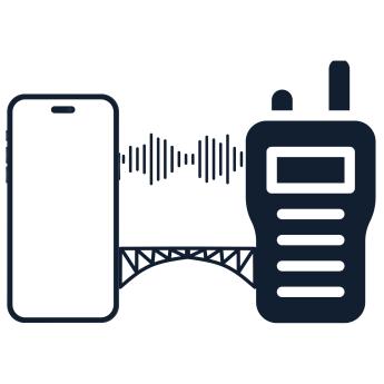 Ikon som skildrar interoperabilitet mellan GroupTalk och komradiosystem, med en smartphone och radio sammankopplade via en brygga.