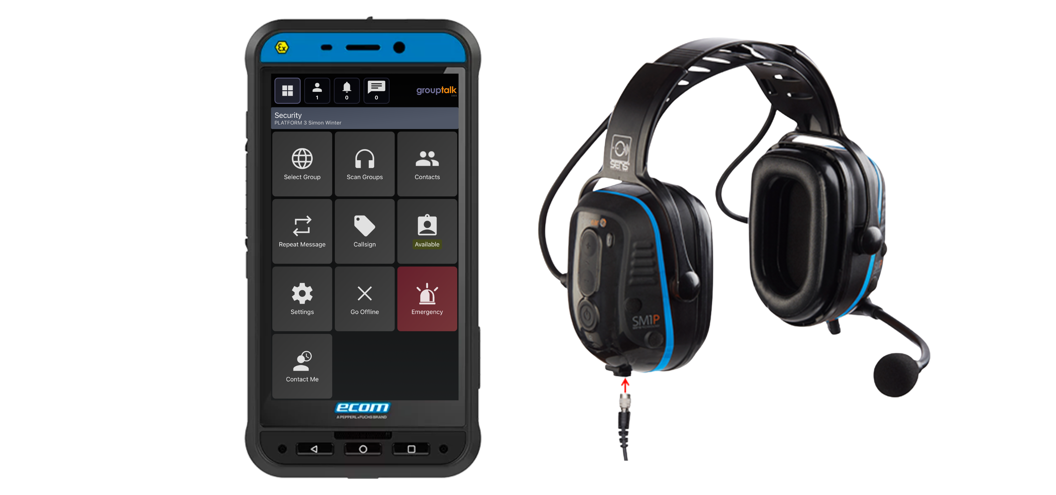 E-com Pepperl & Fuchs Smartphone ATEX EX02 med Sensear hörselkåpor med Push to Talk
