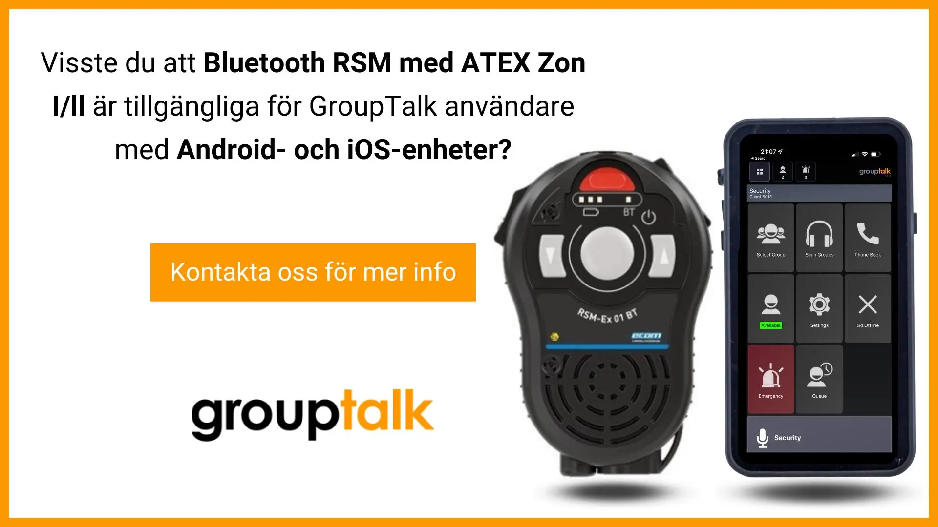 En blåtands ATEX RSM remote speaker microphone från ecom med en iphone med ATEX case